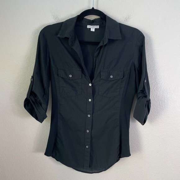 James Perse Womens Medium 100% Pima Cotton Button Up Shirt Black Side Panel Top - Picture 1 of 9